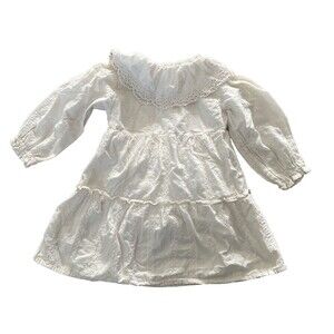 Girls Angou Ivory Eyelet Lace Dress Size 120 (5?) Long Sleeve Tiered Lined